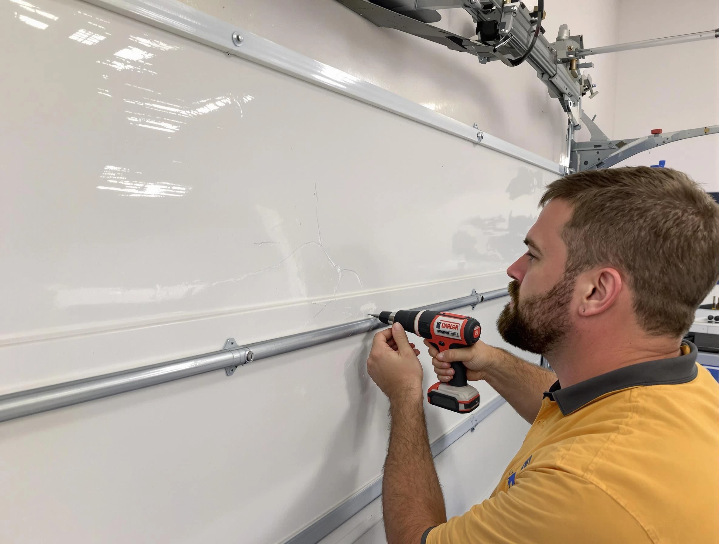 Brookfield Garage Door Repair expert performing dent repair on garage door in Brookfield