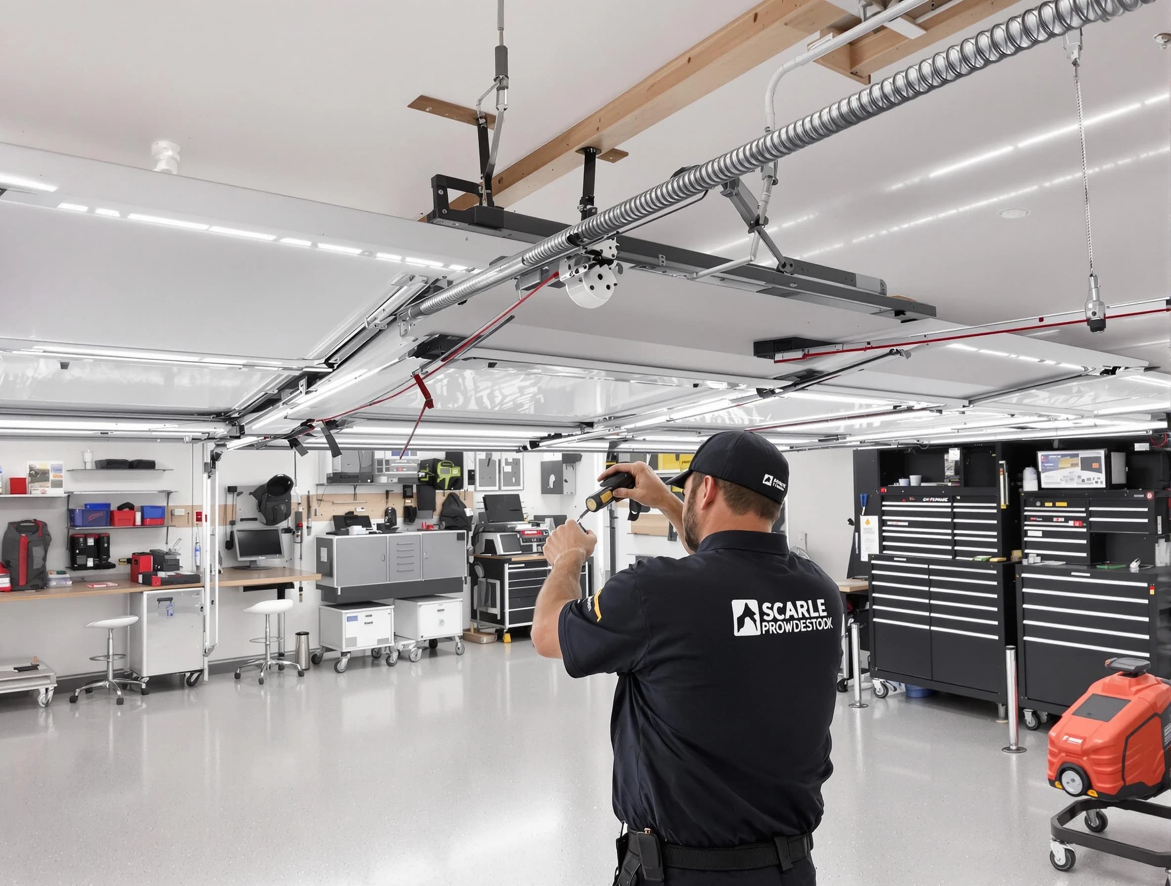 Brookfield Garage Door Repair technician repairing overhead garage door in Brookfield