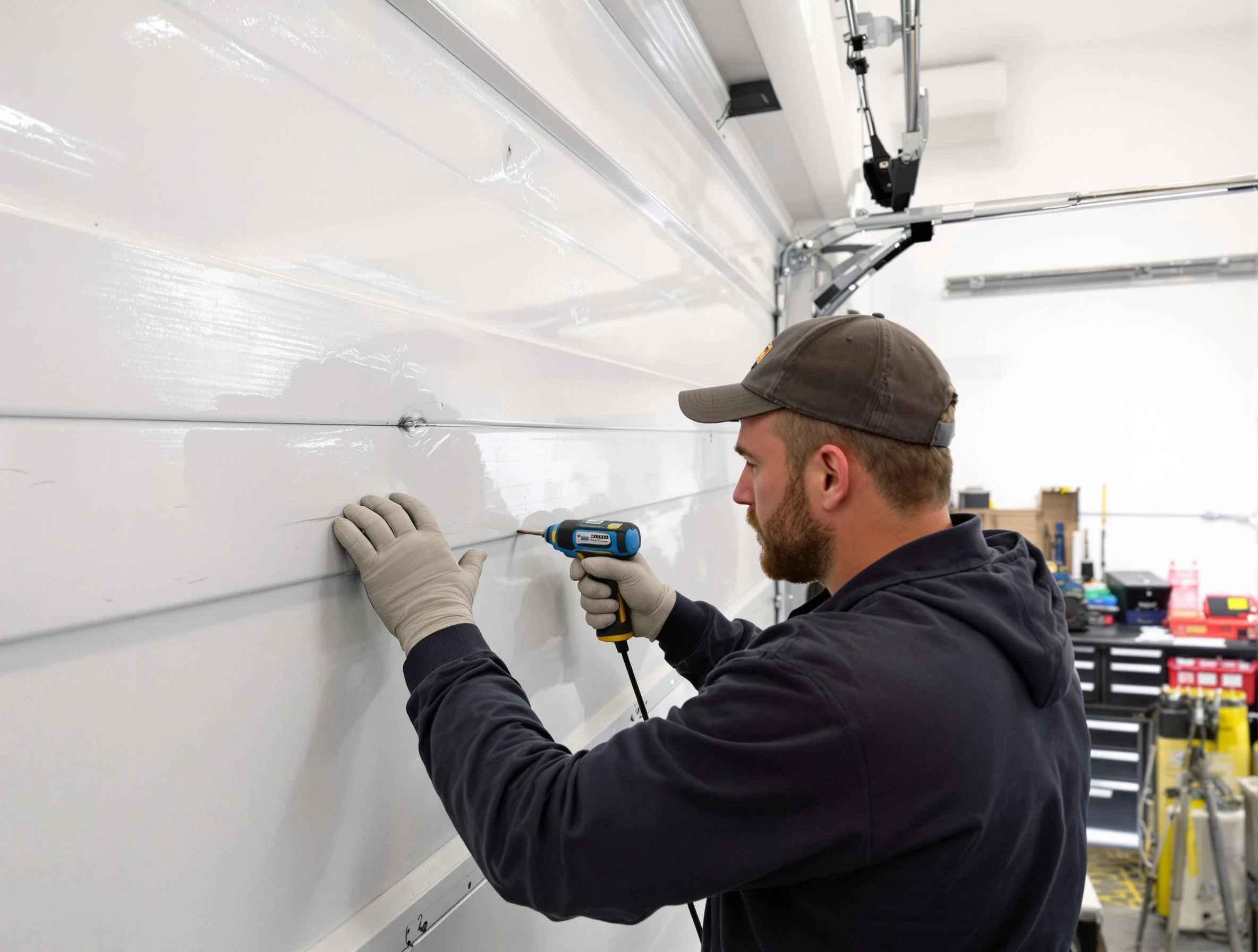 Brookfield Garage Door Repair technician demonstrating precision dent removal techniques on a Brookfield garage door