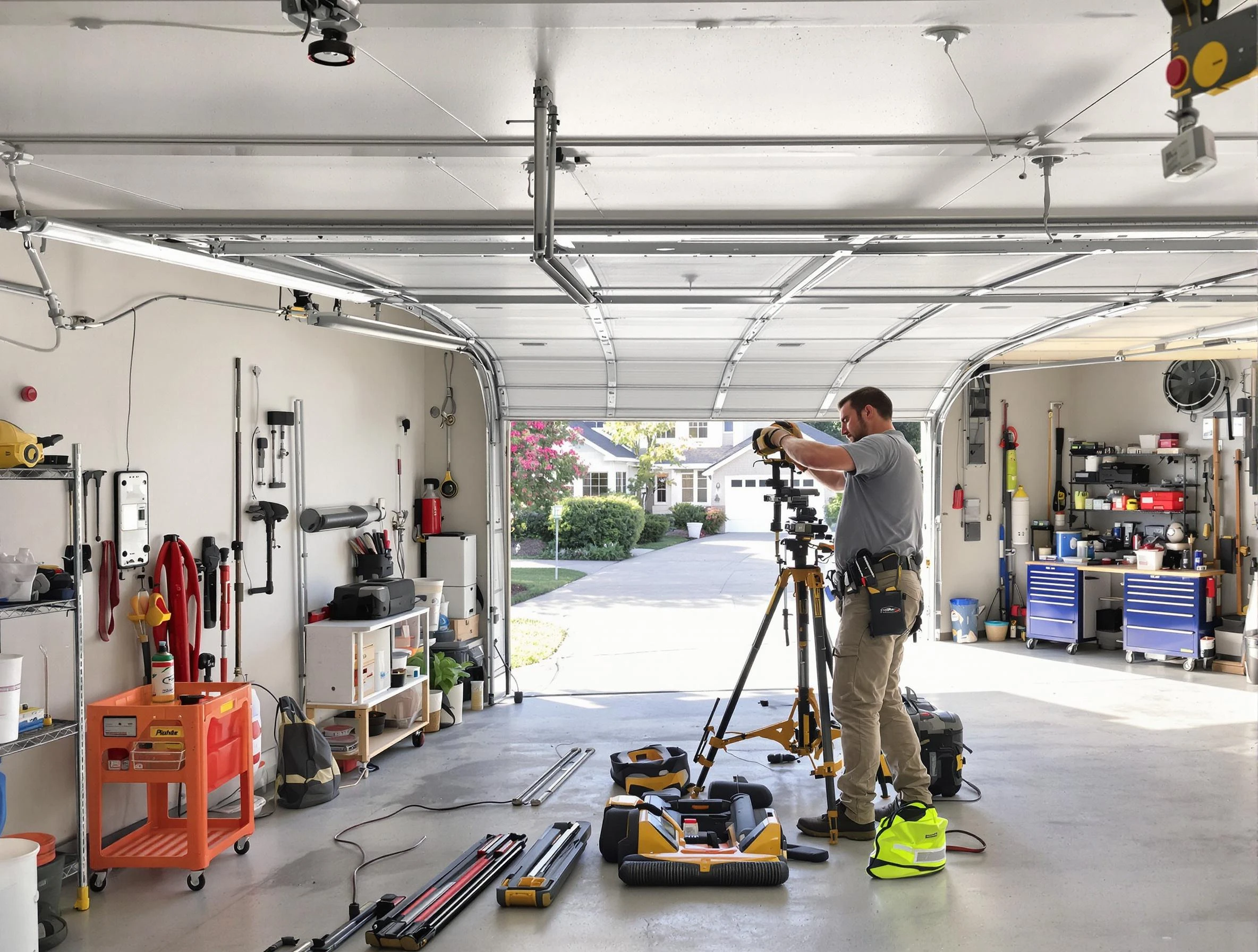 Brookfield Garage Door Repair specialist performing laser-guided track alignment in Brookfield